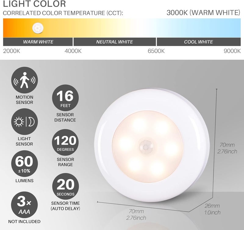 STAR-SPANGLED 6 Pack 2.8” Motion Sensor Lights Indoor AAA Battery Operated, Stick on LED Puck Light for Stairs, Under Cabinet, Closet, Warm White - Image 4